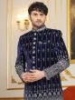 Navy Blue Men's Indowestern Set In Art Silk