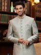 Grey Embroidered Men's Sherwani Set In Silk