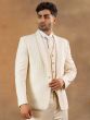 Cream Men's Three Piece Suit In Thread Work