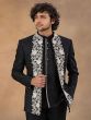 Black Floral Thread Embellished Mandarin Suit