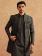 Charcoal Grey Floral Thread Work Indowestern In Silk