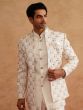 White Men's Mandarin Set In Floral Thread Work