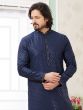 Navy Blue Casual Men's Kurta Set In Silk