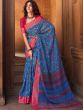 Blue Floral Printed Saree In Linen