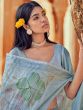 Blue Floral Printed Linen Saree