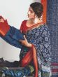 Blue Printed Jacquard Saree With Blouse