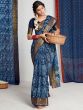 Blue Jacquard Saree With Prints