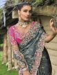 Deep Grey Dola Silk Weaving Saree In Floral Embroidery