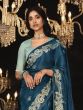 Navy Blue Thread Embroidered Borderd Saree In Shimmer Silk