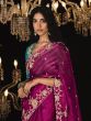 Magenta Floral Sequins Augmented Saree In Glass Tissue Silk