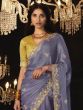 Lavendar Purple Pure Shimmer Silk Saree In Floral Thread Work