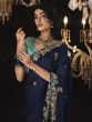 Midnight Blue Zari Work Embellished Saree In Tissue Silk