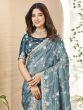 Stone Blue Floral Pattern Zari Embellished Wedding Saree In Silk