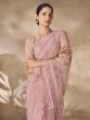 Dusty Pink Floral Thread Work Saree In Net