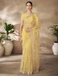 Yellow Floral Thread Embroidered Saree In Net