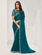 Teal Blue Zari Embroidered Satin Silk Saree