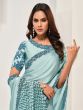 Light Blue Floral Thread Work Saree In Silk