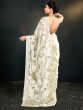 Ivory Cream Satin Silk Saree In Floral Embroidery