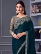 Teal Blue Floral Emellished Saree In Georgette