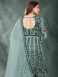 Turquoise Thread Embroidered Anarkali Suit In Net