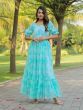 Turquoise Blue Puffy Sleeved Dress In Georgette