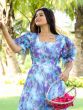 Blue Digital Printed Gown With Puffy Sleeves