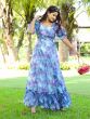 Blue Digital Printed Gown With Puffy Sleeves