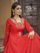 Red Floor Length Womens Gown In Muslin With Flare Style