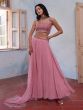 Rose Pink Mirror Work Top With Plain Skirt And Net Dupatta