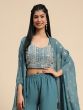 Teal Blue Thread Embroidered Top With Palazzo And Shrug