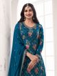 Teal Blue Floral Printed Palazzo Style Salwar Suit In Chinon Silk