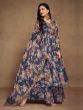 Blue Floral Printed Anarkali Suit In Chiffon With Palazzo 