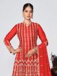 Red Palazzo Style Zari Embroidered Salwar Kameez In Chinon Silk