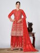 Red Palazzo Style Zari Embroidered Salwar Kameez In Chinon Silk