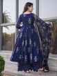 Navy Blue Printed Anarkali Style Salwar Suit In Muslin