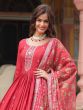 Red Anarkali Style Readymade Salwar Suit In Chinon Silk