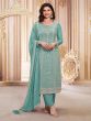 Turquoise Blue Zari Embroidered Pant Style Suit