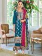 Teal Blue Readymade Salwar Kameez In Palazzo Style