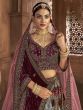 Soft Blue And Wine Embroidered Velvet Bridal Lehenga Choli