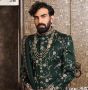 Green Thread Embroidered Groom Sherwani In Silk