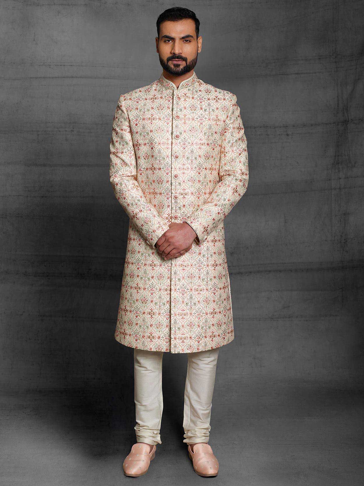 Cream Colour Silk Fabric Indian Designer Sherwani.