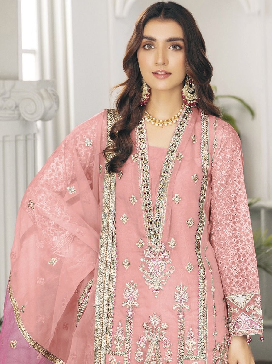 Pink Pant Style Suit In Organza with Dupatta