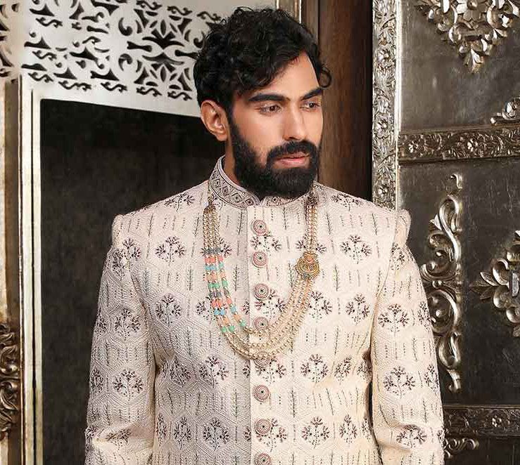 Off White Embroidered Sherwani In Silk