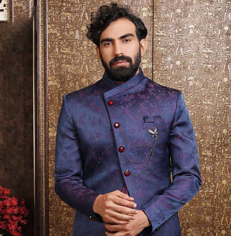 Blue Asymmetric Jacquard Indo Western For Men