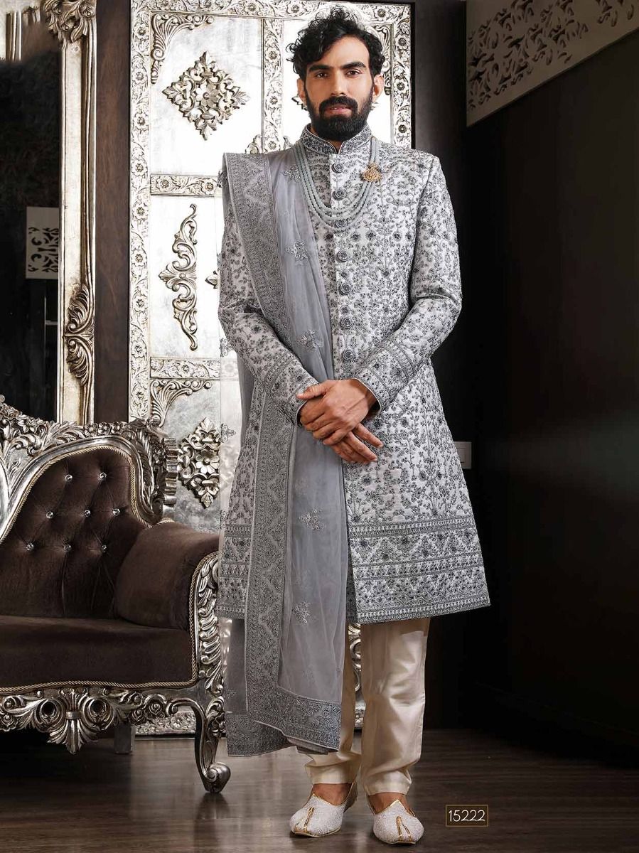 Grey Thread Embroidered Silk Sherwani For Men