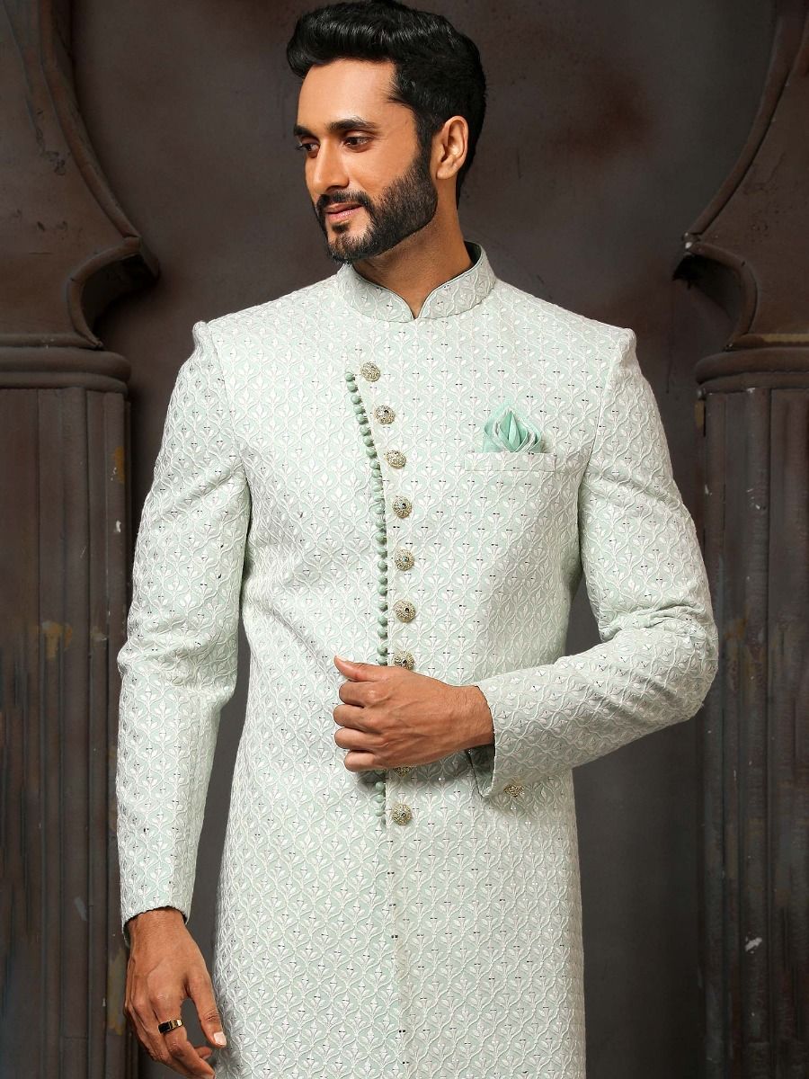 Blue Sequined Sherwani In Georgette