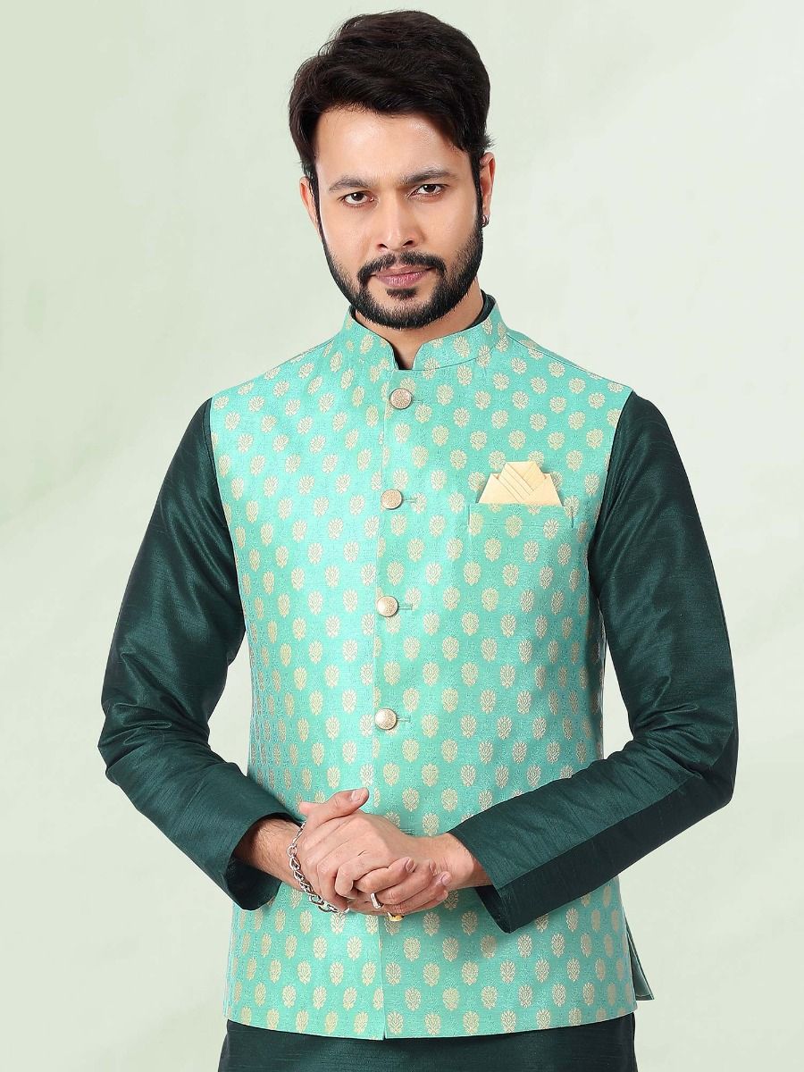 Green Festive Kurta Pyjama With Nehru Jacket