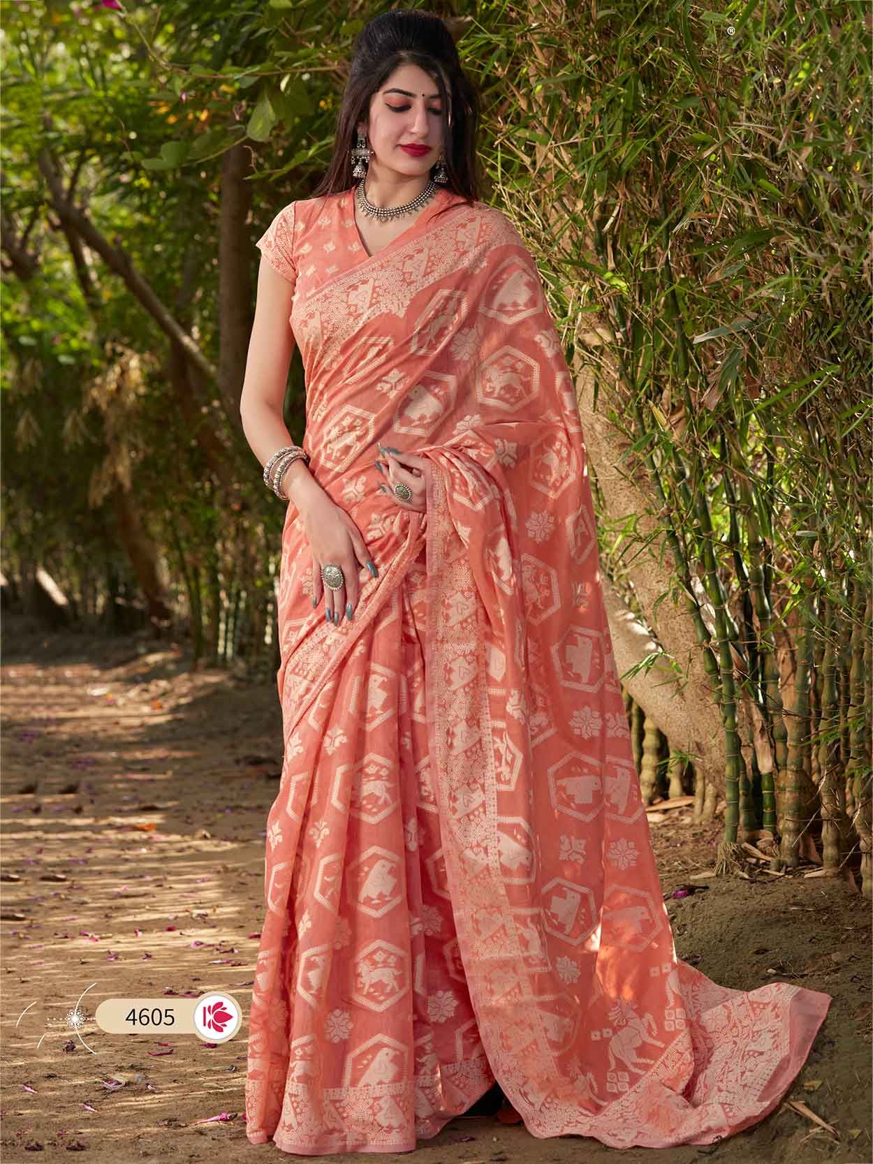 Peach Colour Cotton,Silk Fabric Printed Saree.