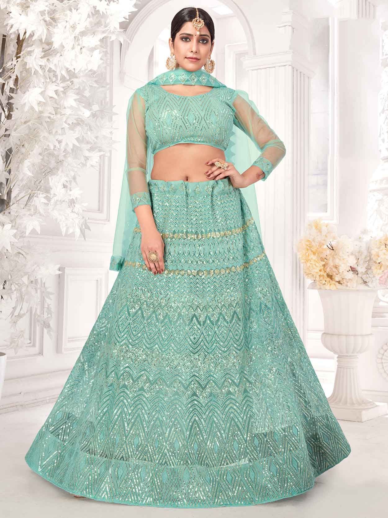 FABPIXEL Turquoise Blue & Gold Embroidered Semi-Stitched Lehenga Choli With  Dupatta - Absolutely Desi