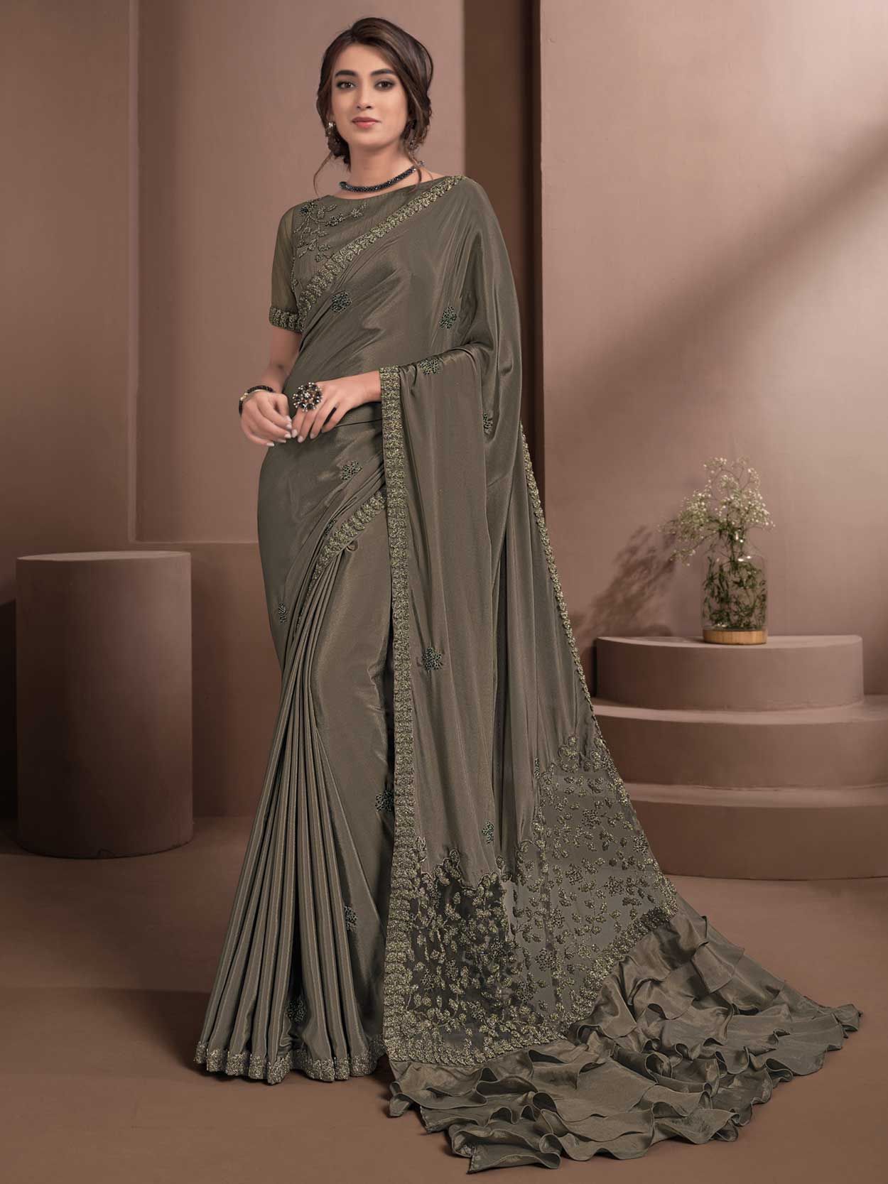 Brown Colour Crepe Fabric Party Wear Saree.